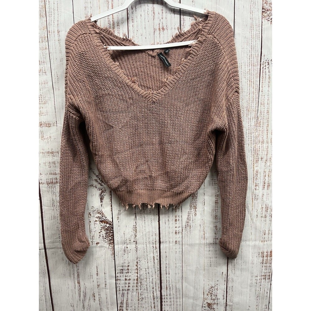 Moon & Madison Knit Sweater Womens XS Cropped Pink Raw Hem Boho Hippie